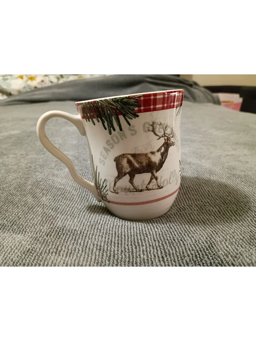 222 Fifth Mount Holly Green Christmas Deer Mugs Set of 2 Porcelain Plaid Holiday
